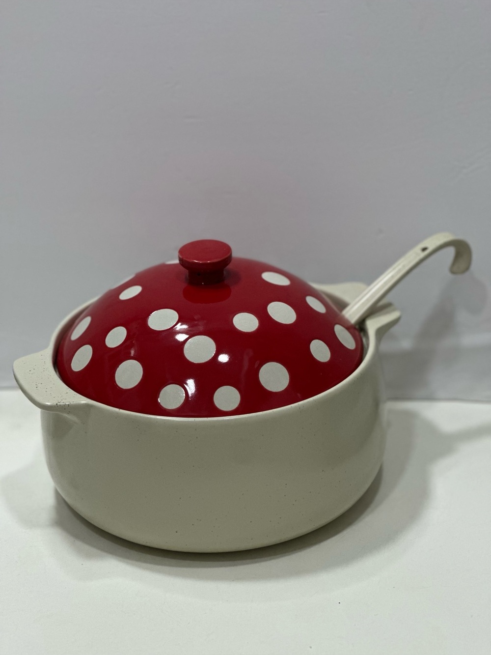 NEW World Market Mushroom Soup Pot Tureen Red White Polkadots Stoneware Ladle